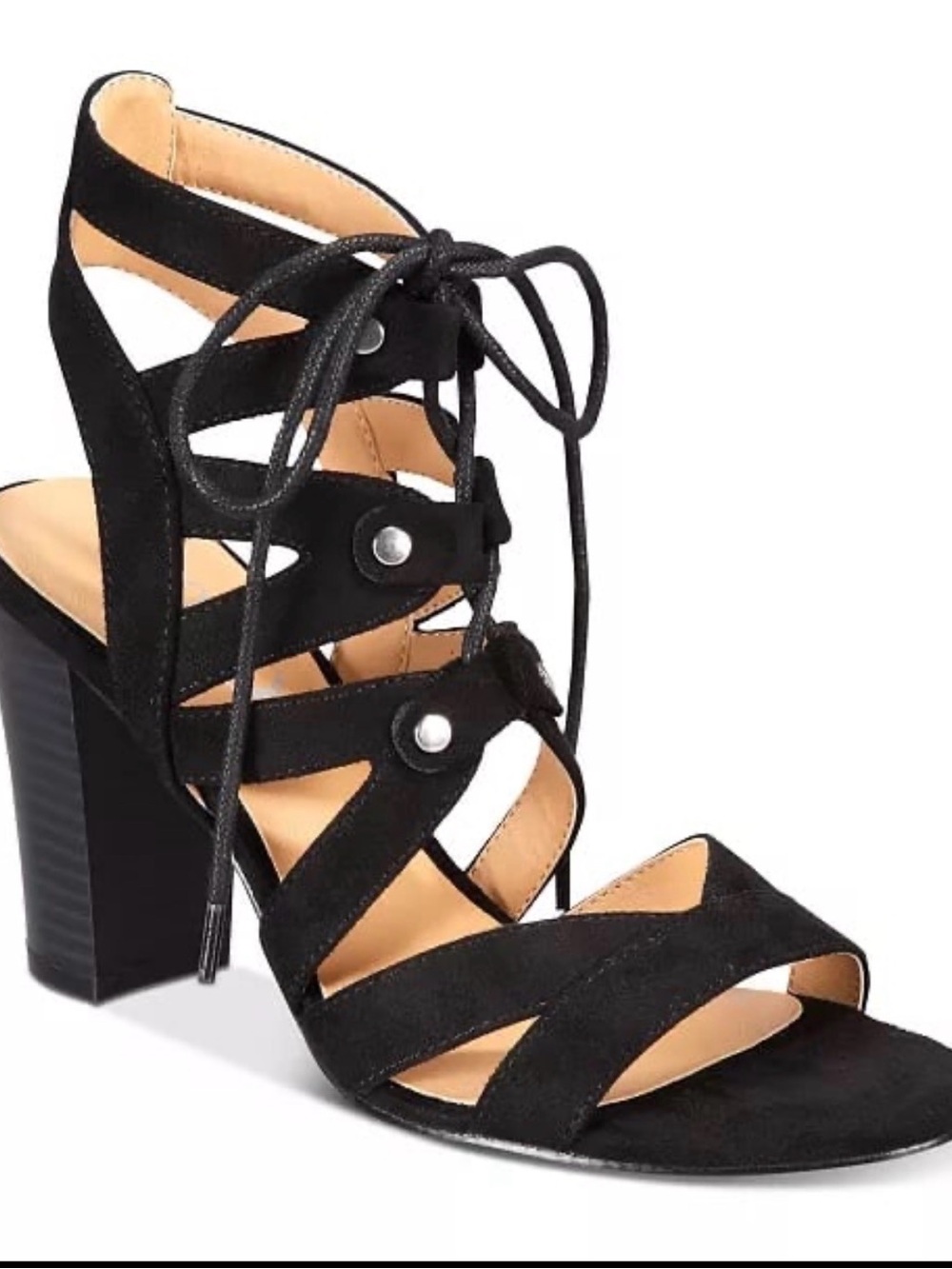 XOXO Black Lace-Up Gladiator Heels Size 8.5– Strappy Block Heel Sandals
